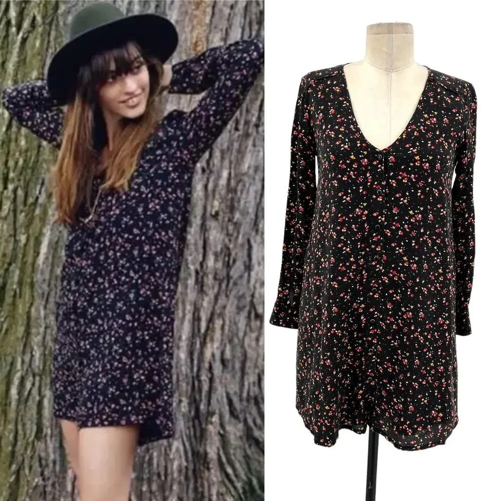 Madewell et Sezane Elly Silk Floral Shirtdress Black Red Long Sleeve Size XXS